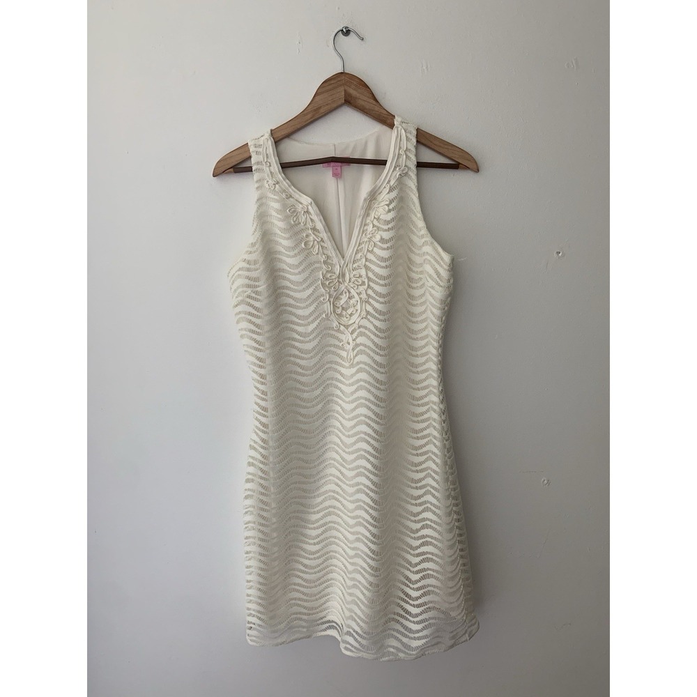 Lilly Pulitzer Margate Shift Dress Ivory M Wavy Lace Overlay Lined Sleeveless